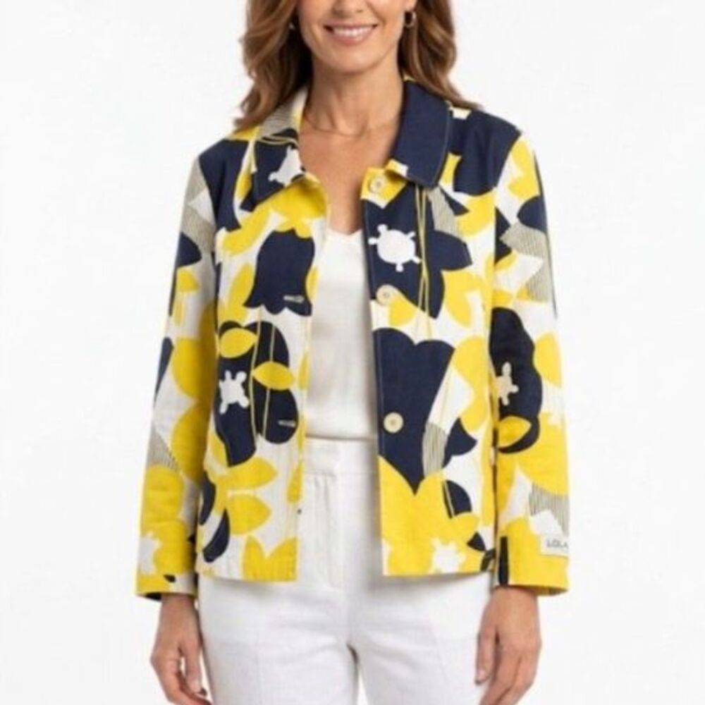 Erin London Women's Yellow Navy Floral 3/4 Sleeve Button Up Blazer Jacket Sz L